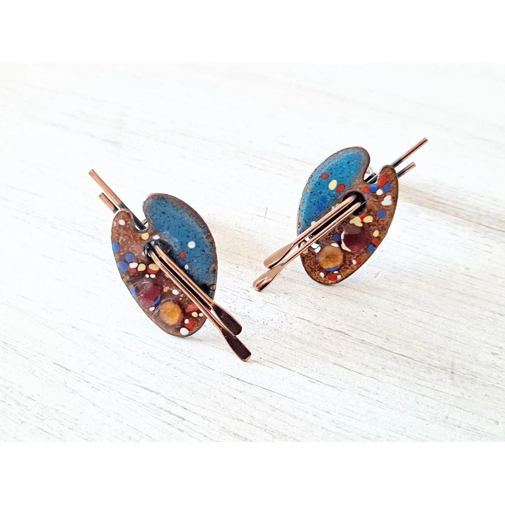 Vintage Renoir Matisse Copper Clip-on Earrings Artist Palette Design